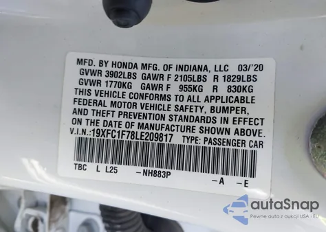 2020 Honda Civic Ex-L from USA, damaged, VIN 19XFC1F78LE209817